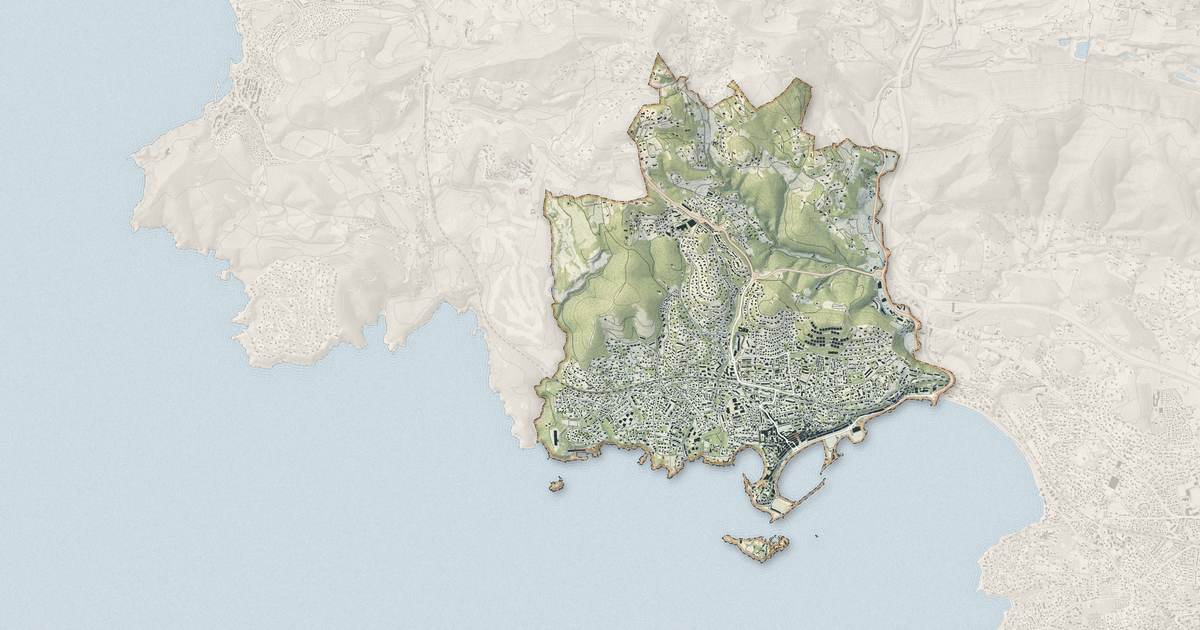 Portrait cartographique de Bandol : relief, eau, forêts, bâti et voies, calculés à partir des données de l'IGN