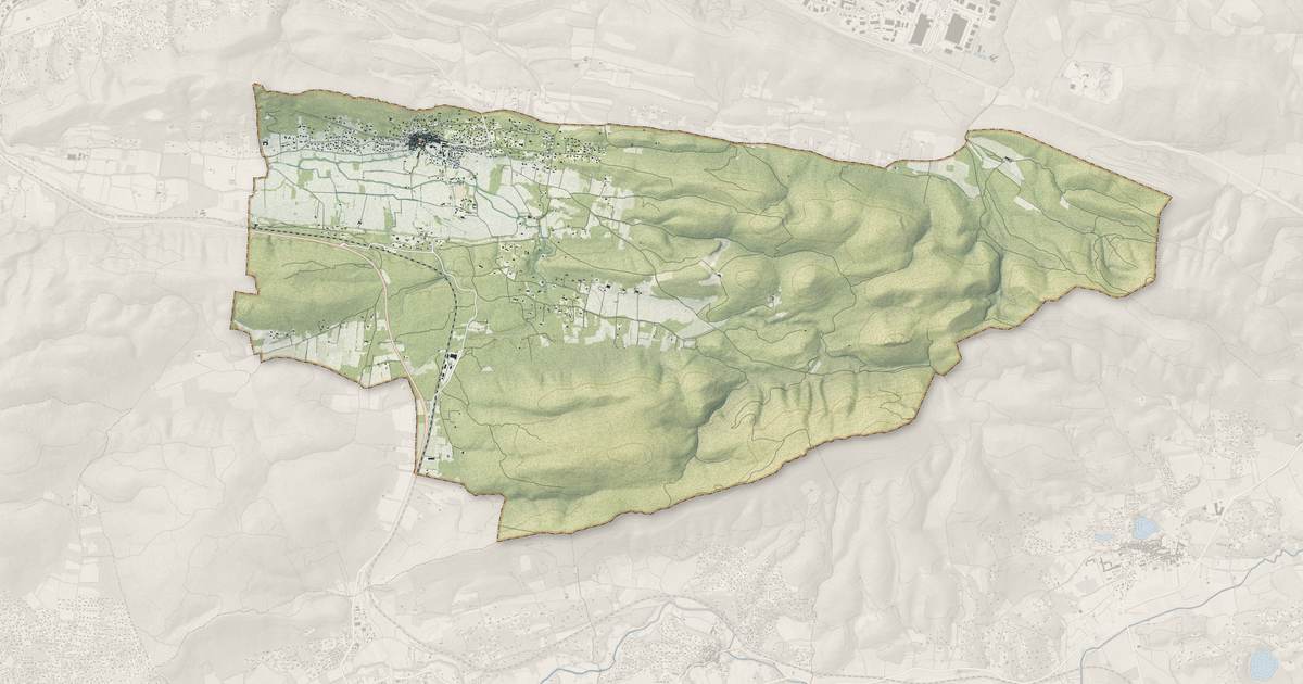 Portrait cartographique de Camps-la-Source : relief, eau, forêts, bâti et voies, calculés à partir des données de l'IGN