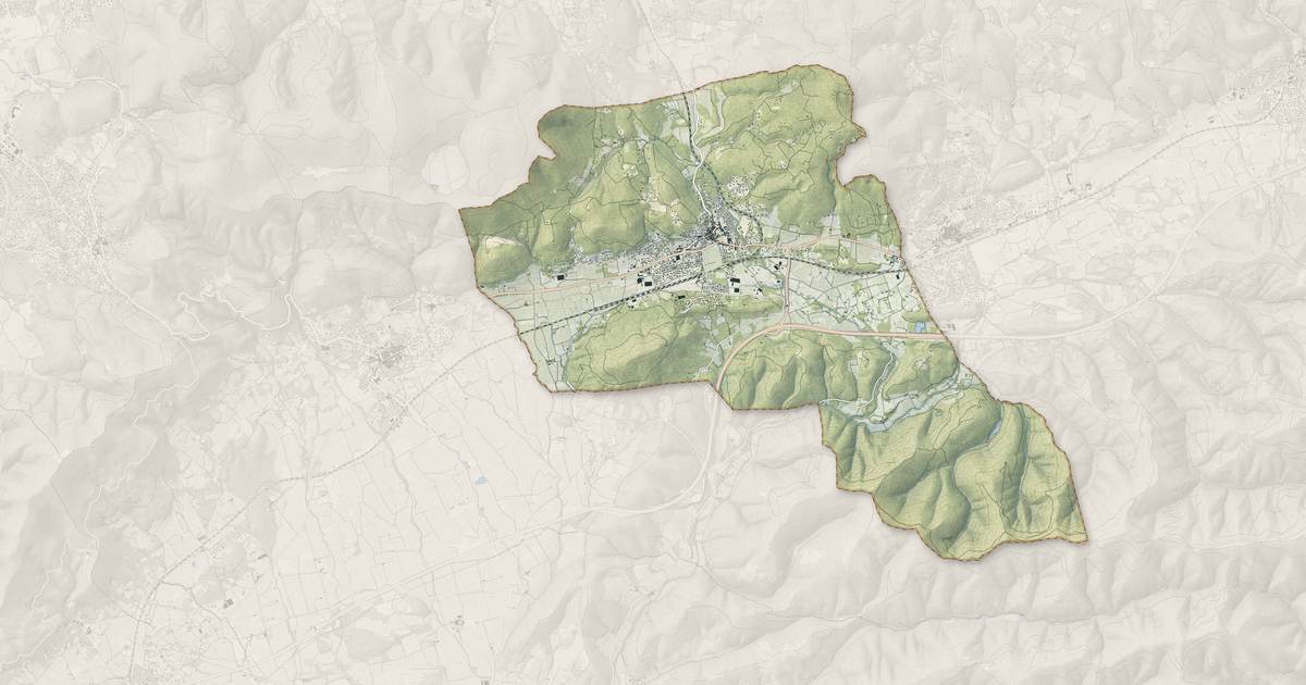 Portrait cartographique de Carnoules : relief, eau, forêts, bâti et voies, calculés à partir des données de l'IGN