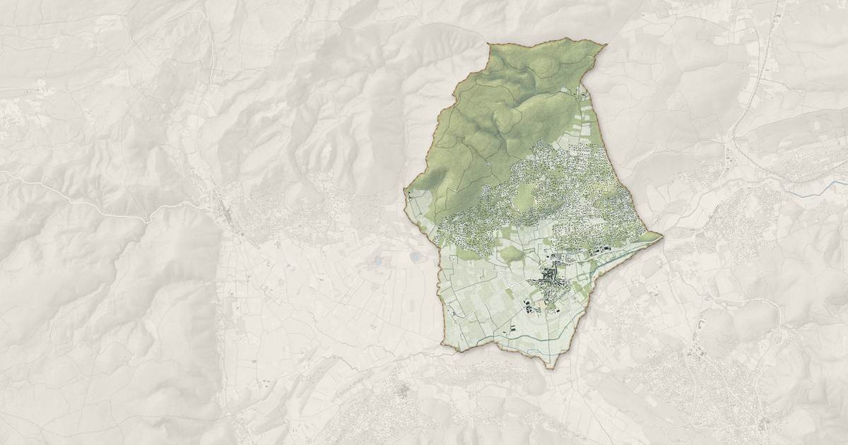 Portrait cartographique de Garéoult : relief, eau, forêts, bâti et voies, calculés à partir des données de l'IGN