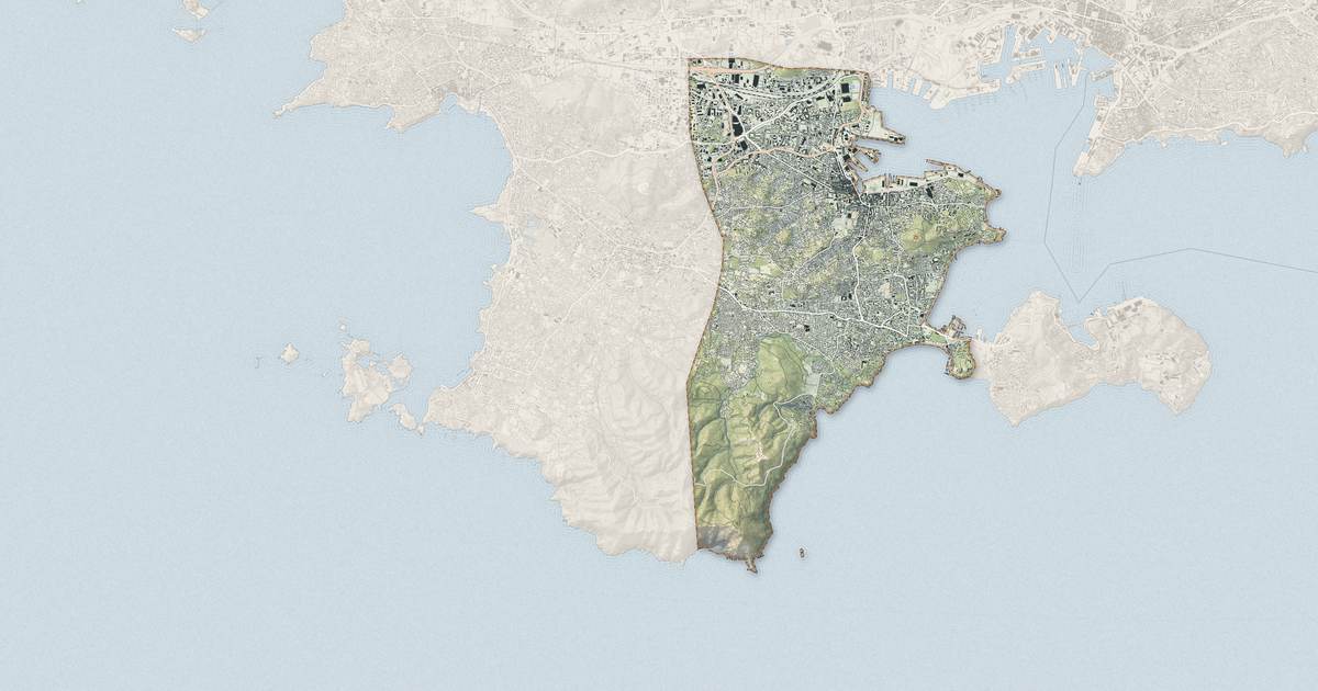 Portrait cartographique de La Seyne-sur-Mer : relief, eau, forêts, bâti et voies, calculés à partir des données de l'IGN