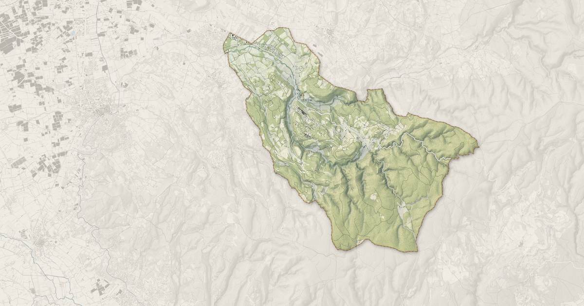 Portrait cartographique de Venasque : relief, eau, forêts, bâti et voies, calculés à partir des données de l'IGN