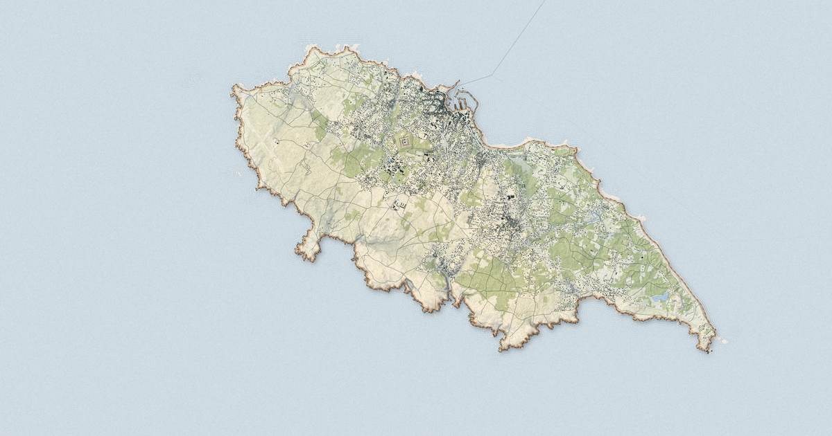 Portrait cartographique de L'Île-d'Yeu : relief, eau, forêts, bâti et voies, calculés à partir des données de l'IGN