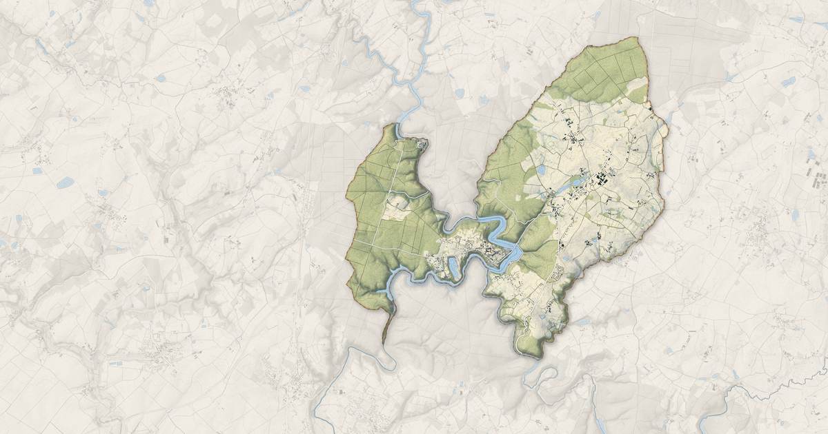 Portrait cartographique de Mervent : relief, eau, forêts, bâti et voies, calculés à partir des données de l'IGN