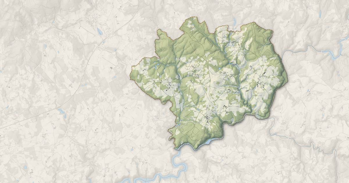 Portrait cartographique de Les Billanges : relief, eau, forêts, bâti et voies, calculés à partir des données de l'IGN