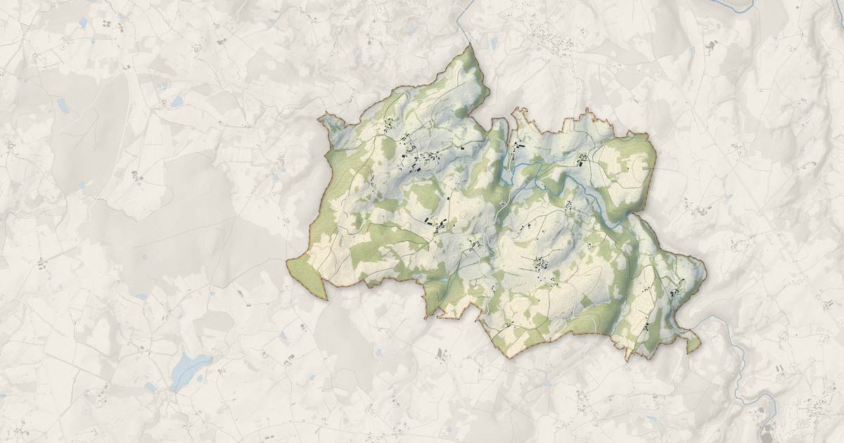 Portrait cartographique de Roziers-Saint-Georges : relief, eau, forêts, bâti et voies, calculés à partir des données de l'IGN