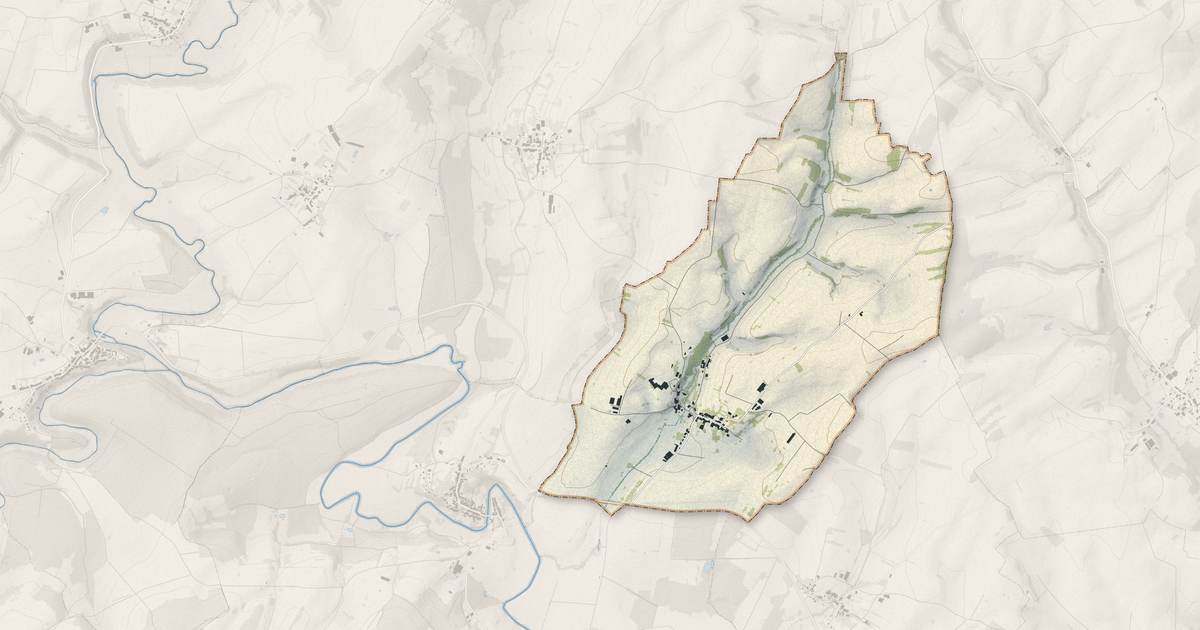 Portrait cartographique de Ameuvelle : relief, eau, forêts, bâti et voies, calculés à partir des données de l'IGN
