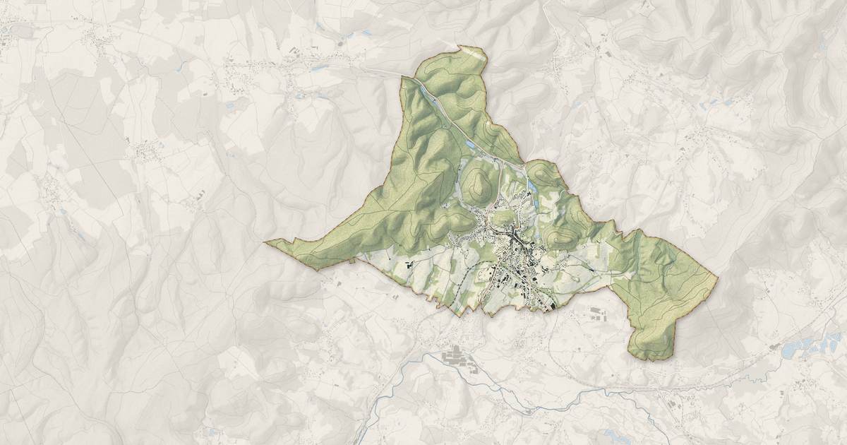 Portrait cartographique de Bruyères : relief, eau, forêts, bâti et voies, calculés à partir des données de l'IGN
