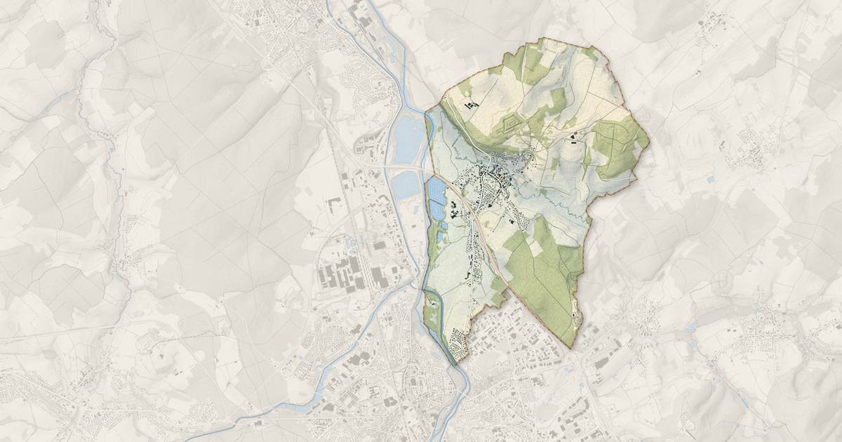 Portrait cartographique de Dogneville : relief, eau, forêts, bâti et voies, calculés à partir des données de l'IGN