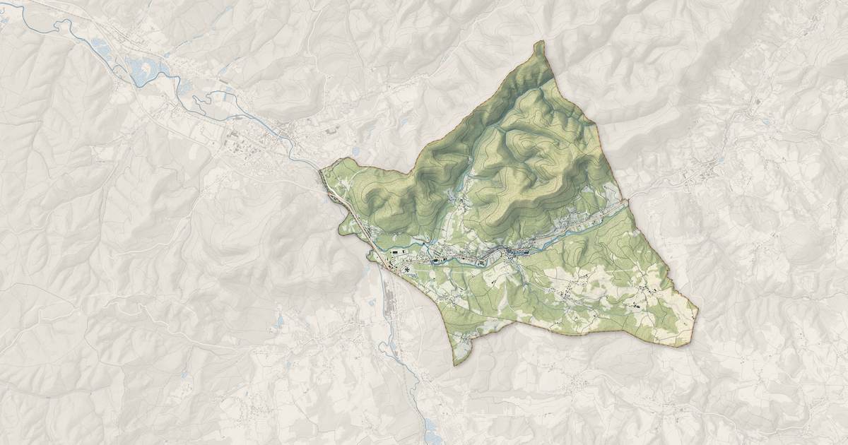 Portrait cartographique de Moyenmoutier : relief, eau, forêts, bâti et voies, calculés à partir des données de l'IGN