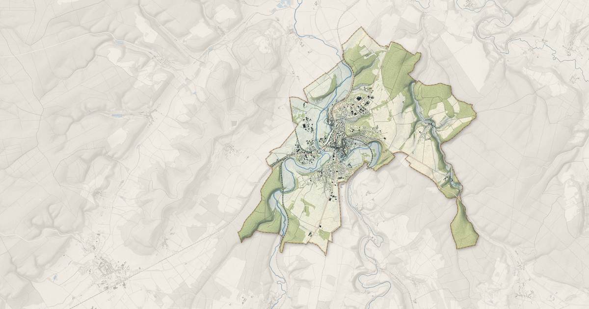 Portrait cartographique de Neufchâteau : relief, eau, forêts, bâti et voies, calculés à partir des données de l'IGN