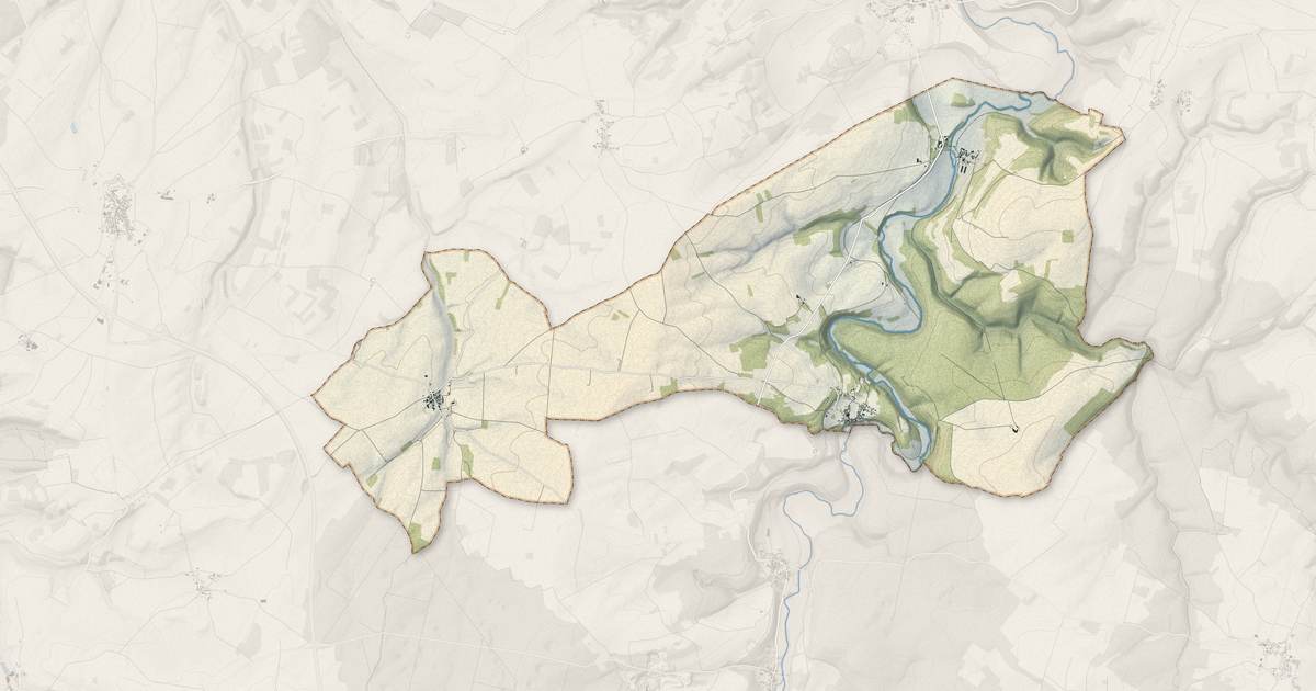 Portrait cartographique de Grimault : relief, eau, forêts, bâti et voies, calculés à partir des données de l'IGN