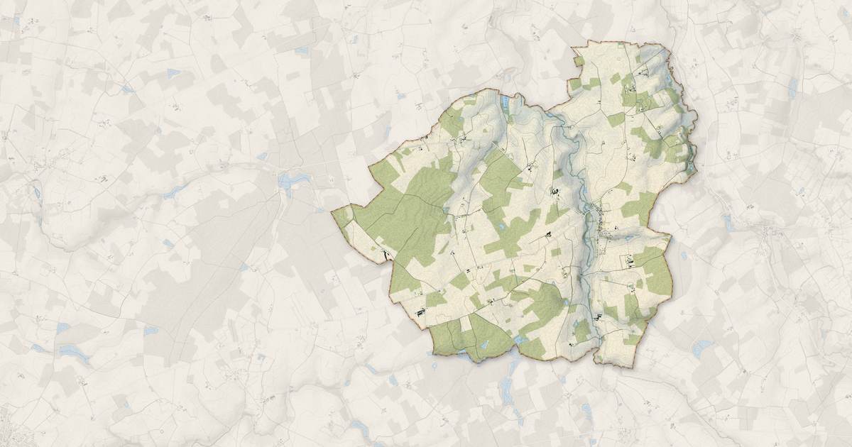 Portrait cartographique de Villeneuve-les-Genêts : relief, eau, forêts, bâti et voies, calculés à partir des données de l'IGN