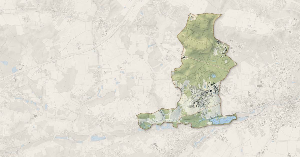 Portrait cartographique de Bruyères-le-Châtel : relief, eau, forêts, bâti et voies, calculés à partir des données de l'IGN