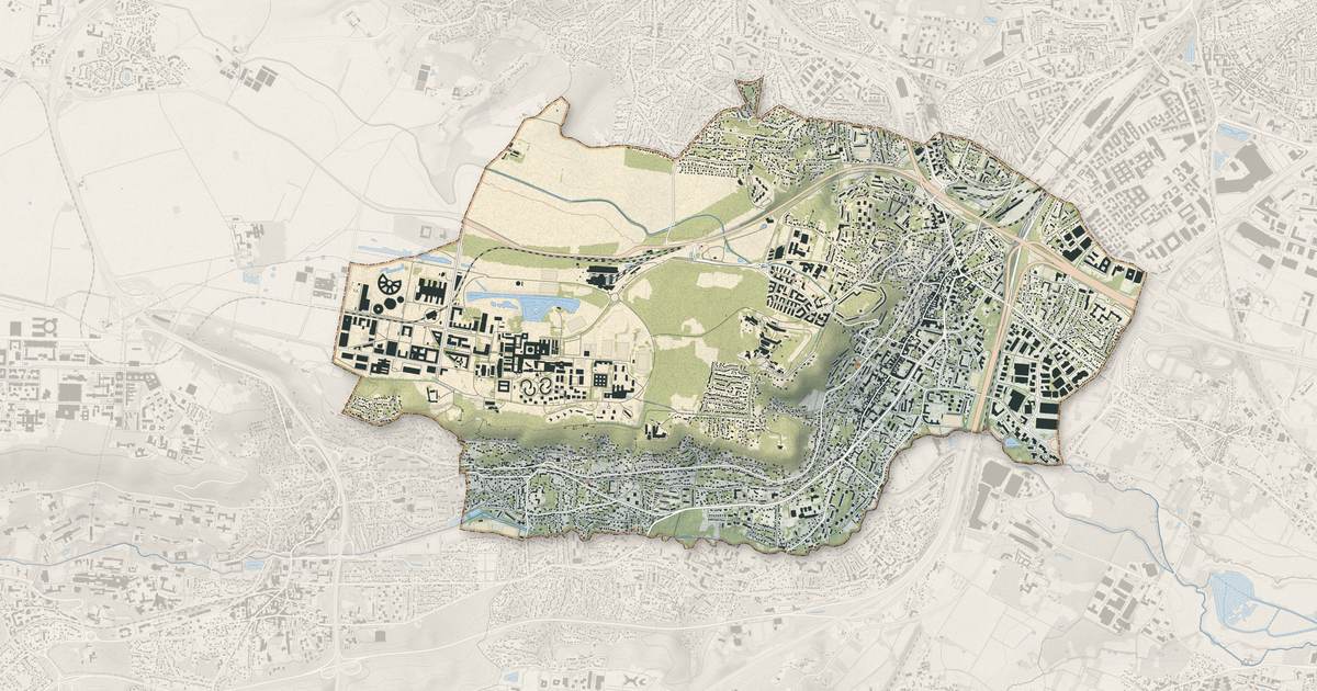 Portrait cartographique de Palaiseau : relief, eau, forêts, bâti et voies, calculés à partir des données de l'IGN
