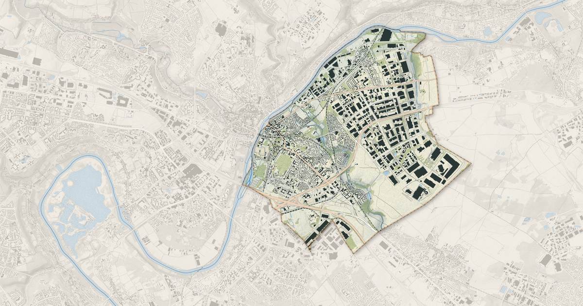 Portrait cartographique de Saint-Ouen-l'Aumône : relief, eau, forêts, bâti et voies, calculés à partir des données de l'IGN