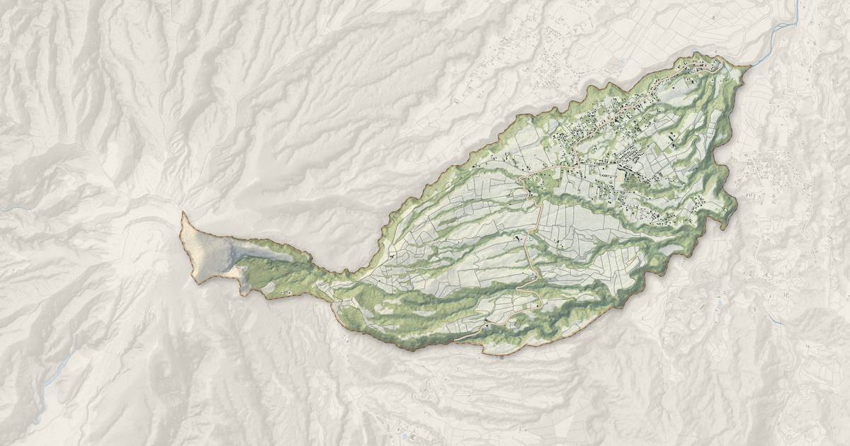 Portrait cartographique de L'Ajoupa-Bouillon : relief, eau, forêts, bâti et voies, calculés à partir des données de l'IGN