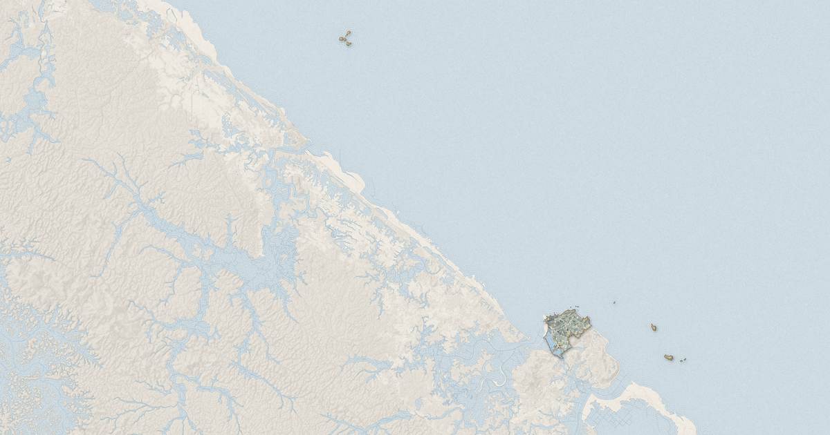 Portrait cartographique de Cayenne : relief, eau, forêts, bâti et voies, calculés à partir des données de l'IGN