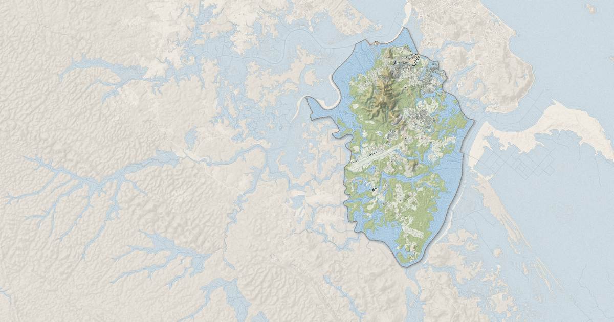 Portrait cartographique de Matoury : relief, eau, forêts, bâti et voies, calculés à partir des données de l'IGN