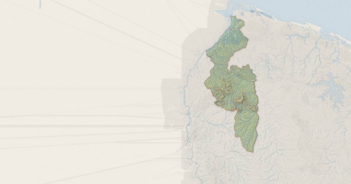Portrait cartographique de Saint-Laurent-du-Maroni : relief, eau, forêts, bâti et voies, calculés à partir des données de l'IGN
