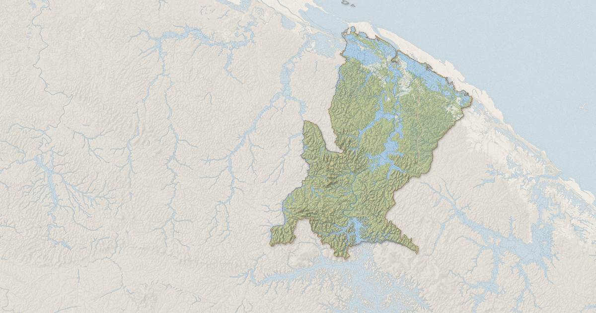 Portrait cartographique de Sinnamary : relief, eau, forêts, bâti et voies, calculés à partir des données de l'IGN