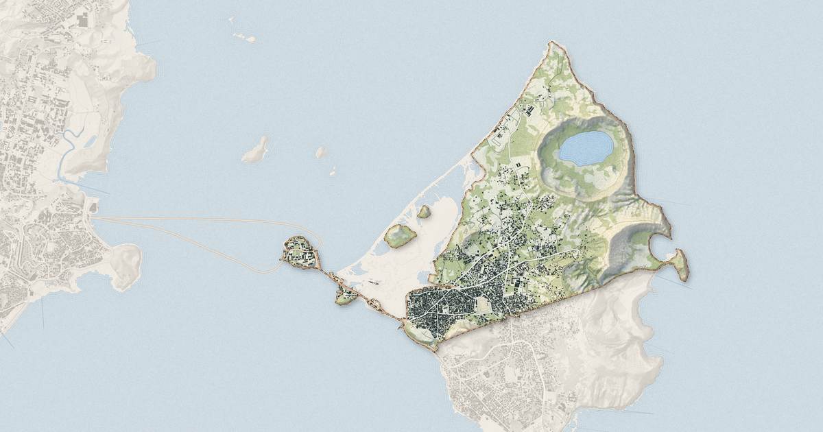 Portrait cartographique de Dzaoudzi : relief, eau, forêts, bâti et voies, calculés à partir des données de l'IGN