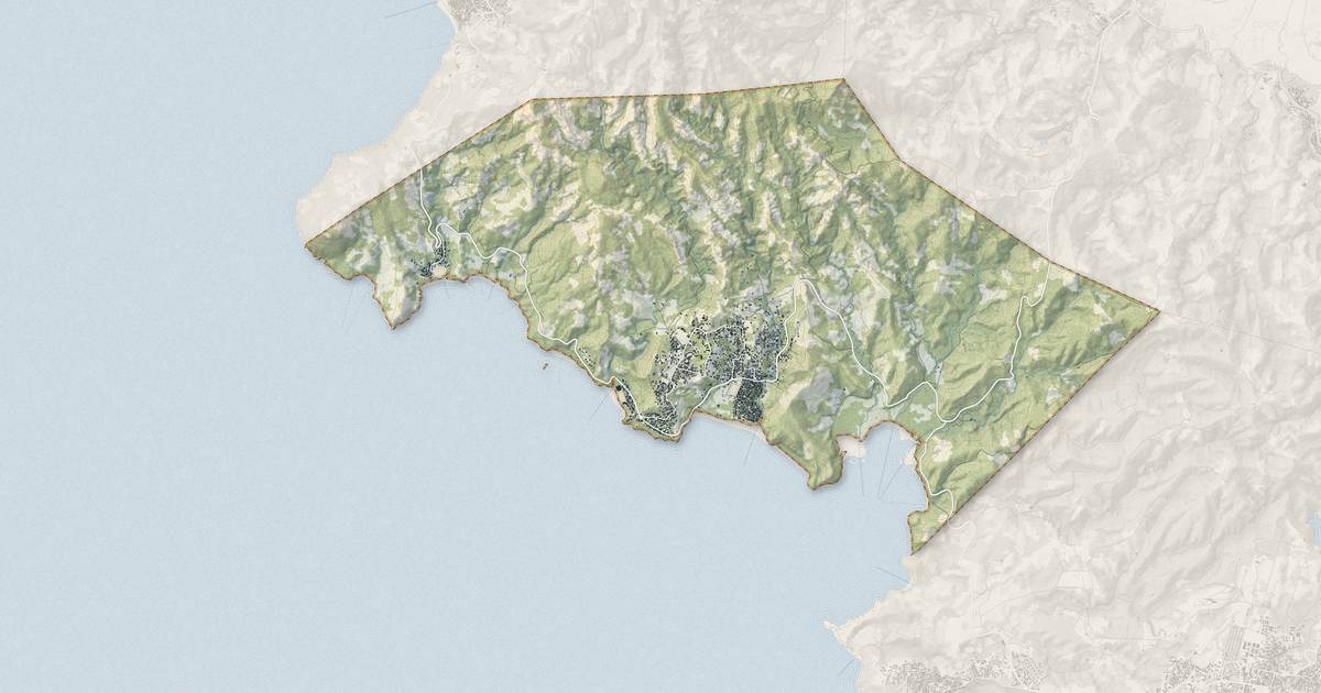 Portrait cartographique de M'Tsangamouji : relief, eau, forêts, bâti et voies, calculés à partir des données de l'IGN