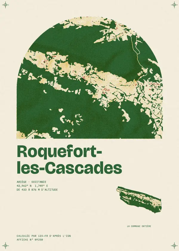 Affiche de Roquefort-les-Cascades, calculée par 123-fr d'après l'IGN