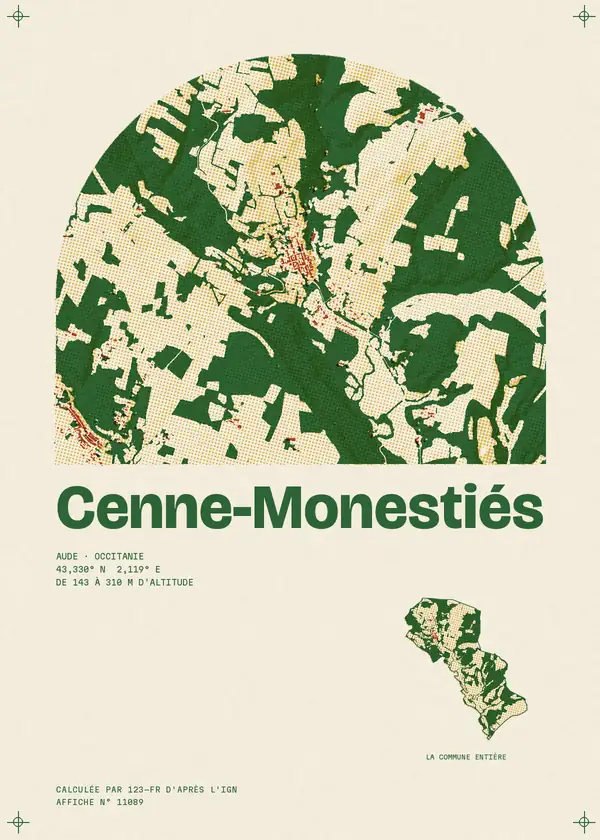 Affiche de Cenne-Monestiés, calculée par 123-fr d'après l'IGN