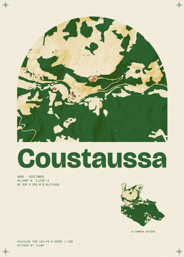 Affiche de Coustaussa, calculée par 123-fr d'après l'IGN