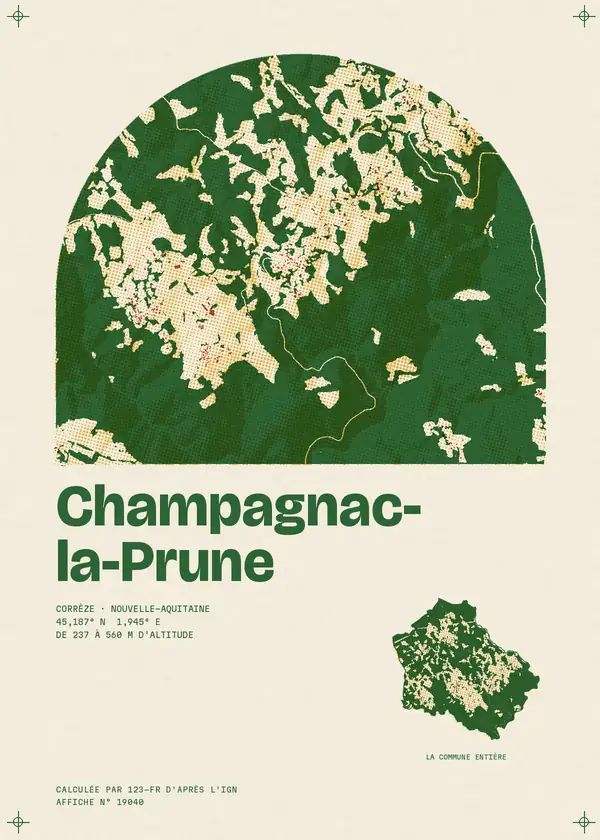 Affiche de Champagnac-la-Prune, calculée par 123-fr d'après l'IGN