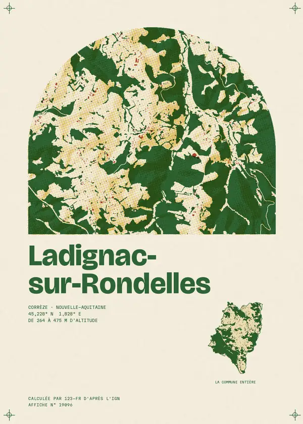 Affiche de Ladignac-sur-Rondelles, calculée par 123-fr d'après l'IGN