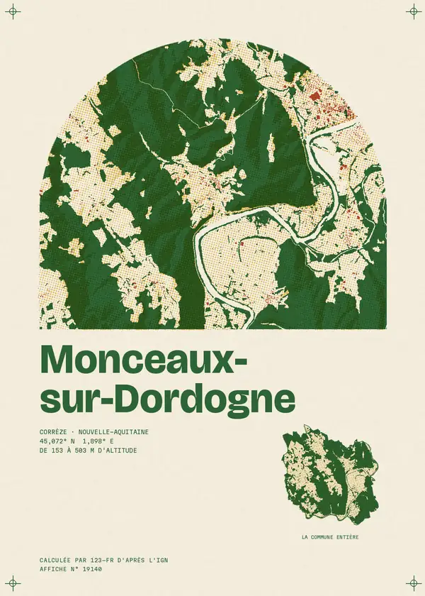 Affiche de Monceaux-sur-Dordogne, calculée par 123-fr d'après l'IGN
