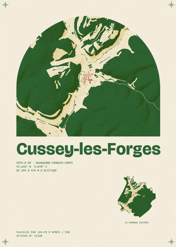 Affiche de Cussey-les-Forges, calculée par 123-fr d'après l'IGN