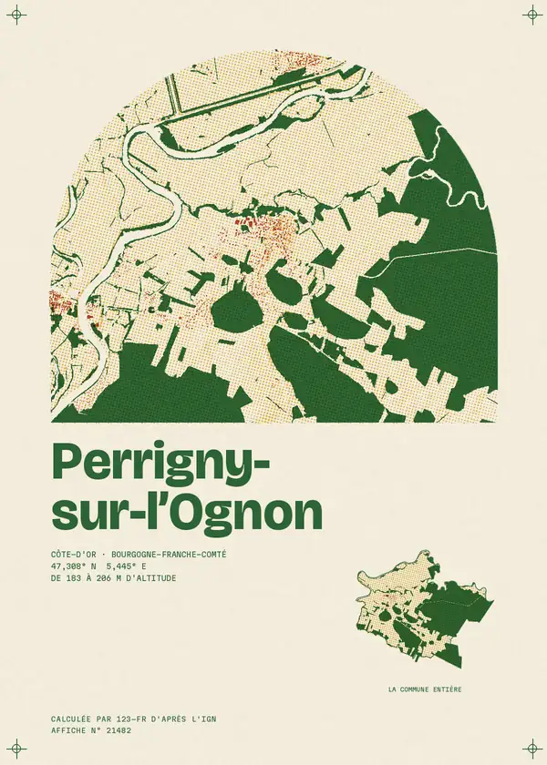 Affiche de Perrigny-sur-l'Ognon, calculée d'après l'IGN