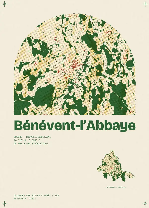 Affiche de Bénévent-l'Abbaye, calculée par 123-fr d'après l'IGN