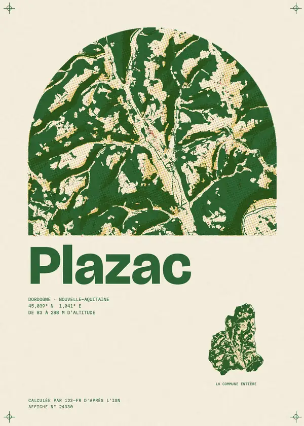 Affiche de Plazac, calculée par 123-fr d'après l'IGN