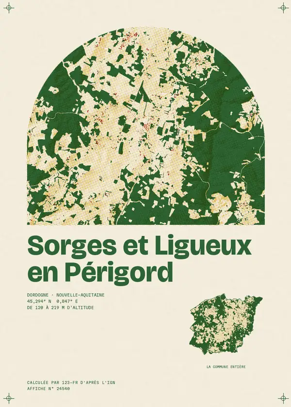 Affiche de Sorges et Ligueux en Périgord, calculée par 123-fr d'après l'IGN