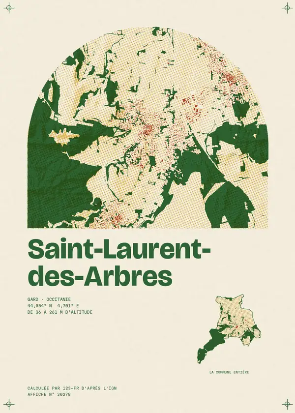 Affiche de Saint-Laurent-des-Arbres, calculée par 123-fr d'après l'IGN