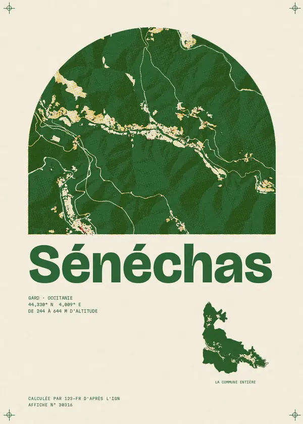 Affiche de Sénéchas, calculée par 123-fr d'après l'IGN
