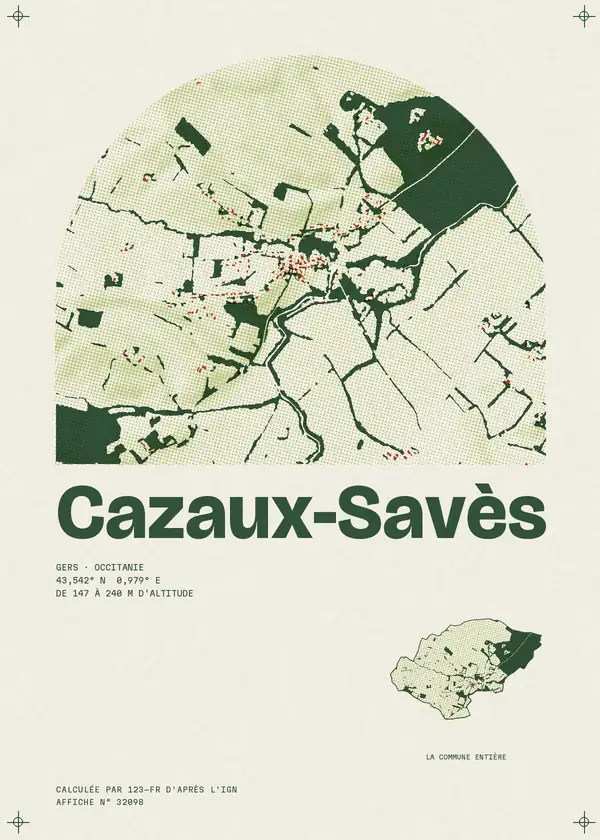 Affiche de Cazaux-Savès, calculée par 123-fr d'après l'IGN