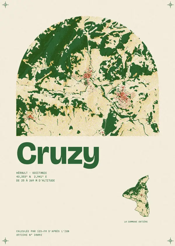 Affiche de Cruzy, calculée par 123-fr d'après l'IGN