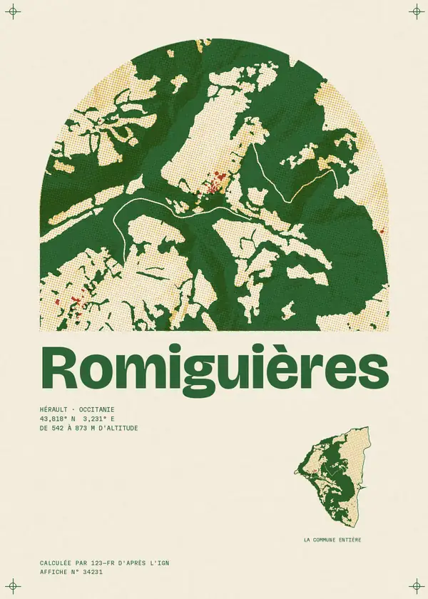 Affiche de Romiguières, calculée par 123-fr d'après l'IGN