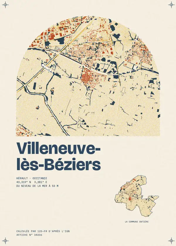 Affiche de Villeneuve-lès-Béziers, calculée par 123-fr d'après l'IGN