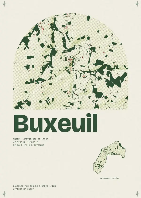 Affiche de Buxeuil, calculée par 123-fr d'après l'IGN