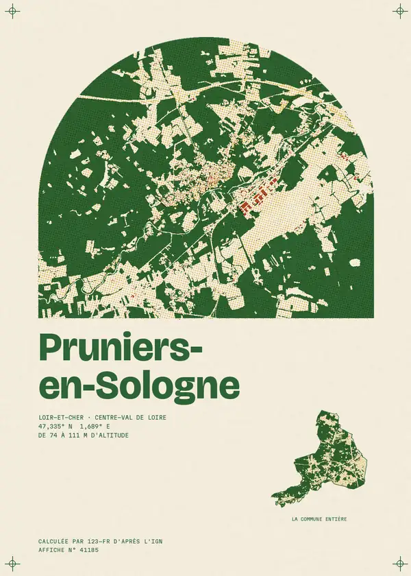 Affiche de Pruniers-en-Sologne, calculée par 123-fr d'après l'IGN