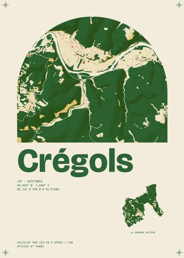 Affiche de Crégols, calculée par 123-fr d'après l'IGN