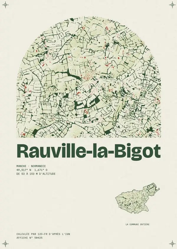 Affiche de Rauville-la-Bigot, calculée par 123-fr d'après l'IGN