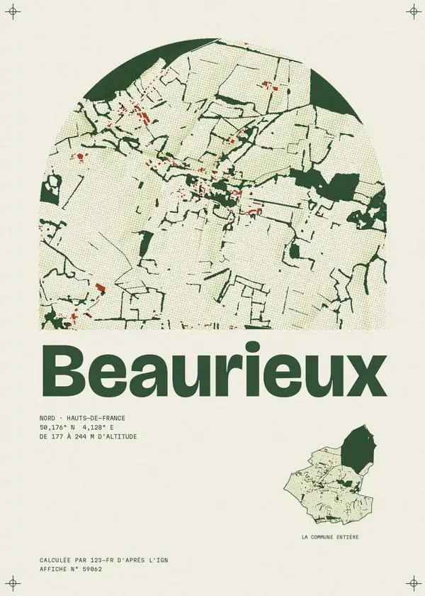 Affiche de Beaurieux, calculée par 123-fr d'après l'IGN