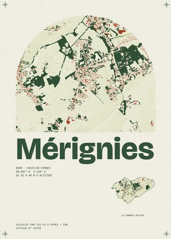 Affiche de Mérignies, calculée par 123-fr d'après l'IGN